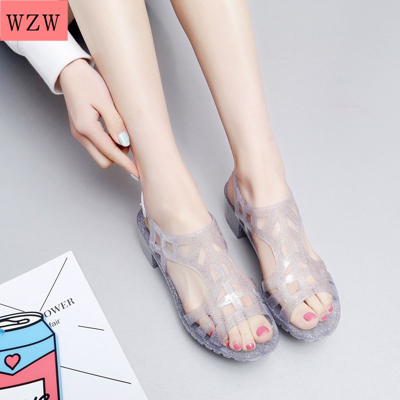 Giày Sandal Đế Vừa Hở Ngón Bằng Nhựa Pha Lê Lấp Lánh Thời Trang Đi Biển Mùa Hè 2021 Cho Nữ
