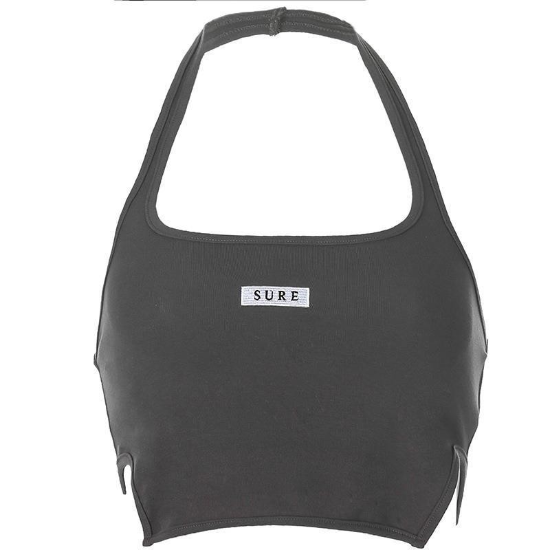 Áo Croptop Cổ Yếm Màu Than Chì Thêu Chữ Thời Trang Cho Nữ | BigBuy360 - bigbuy360.vn