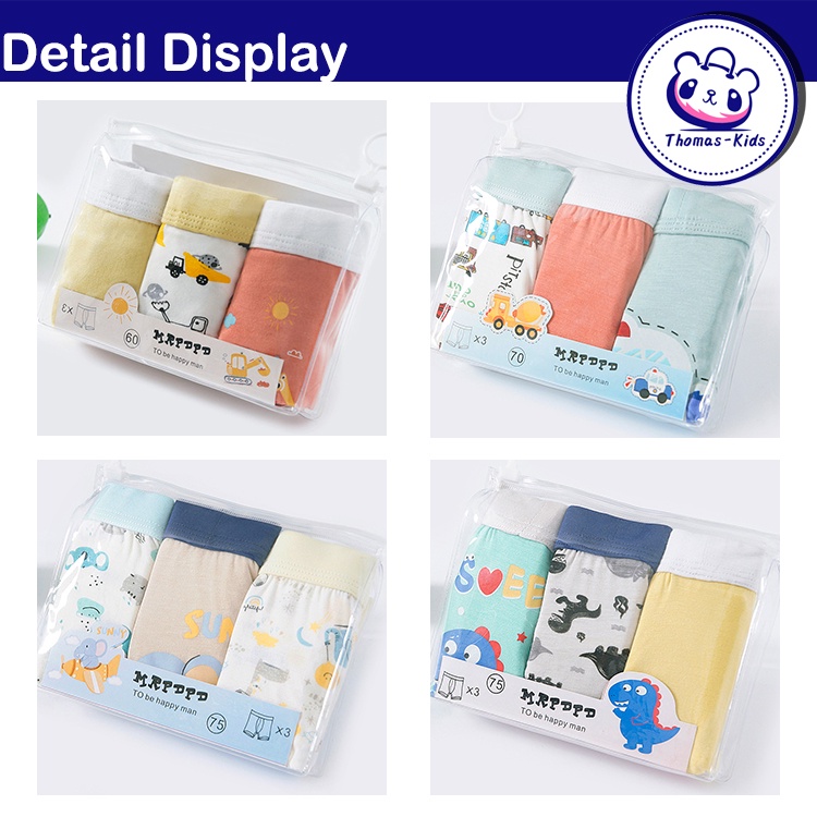 [THOMAS KIDS] Bộ 3 Quần Lót Boxer Vải Cotton Mềm Mại In Họa Tiết Khủng Long Dễ Thương Cho Bé Trai