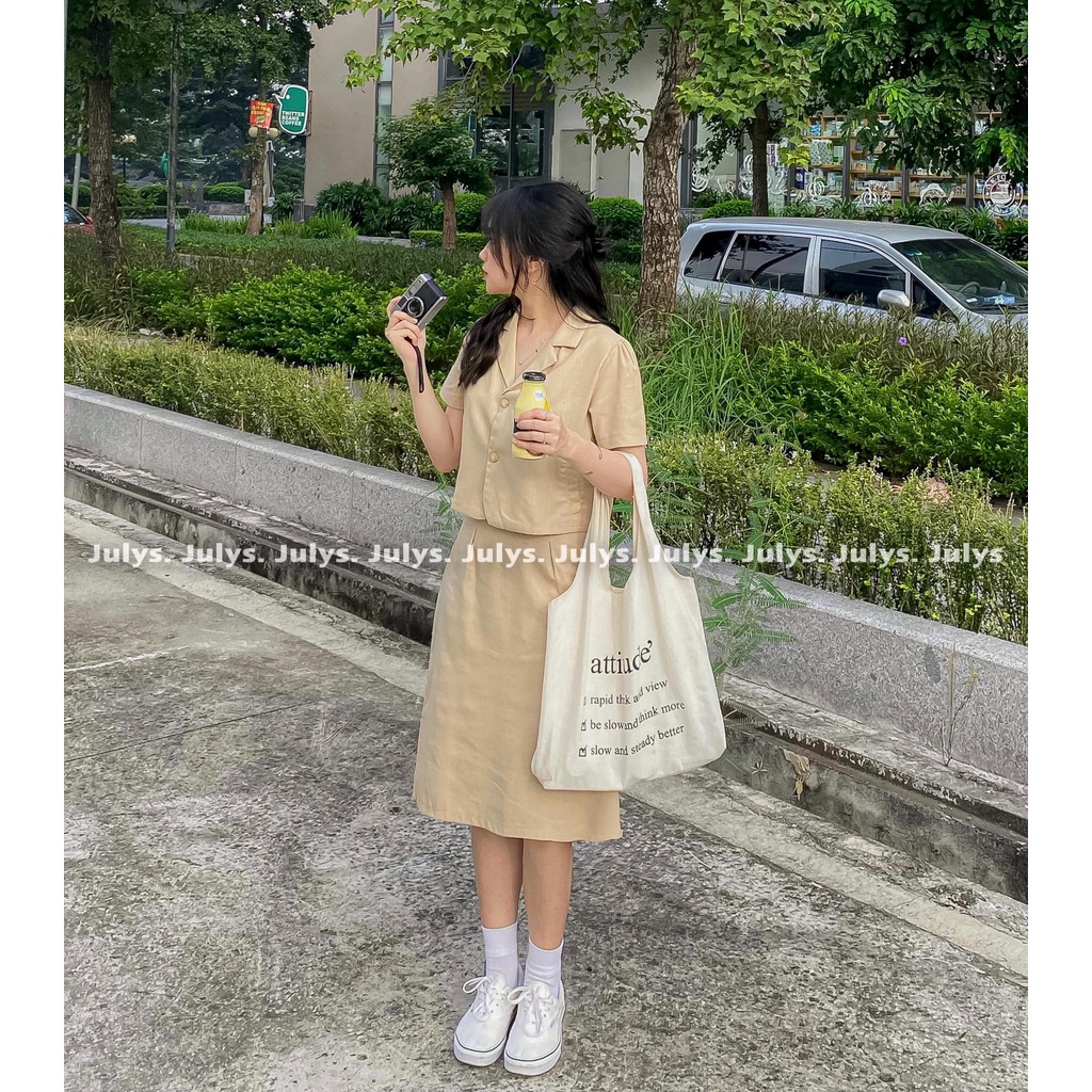 Set áo cổ vest thô kèm chân váy vintage (ảnh thật kèm video)