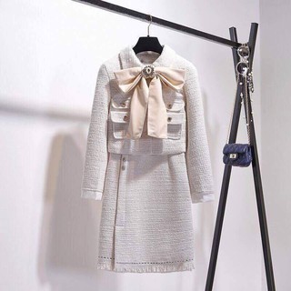 ORDER - Set dạ tweed trắng cổ nơ - Có ảnh thật / mẫu Việt mặc - MẪU MỚI NHẤT 2018