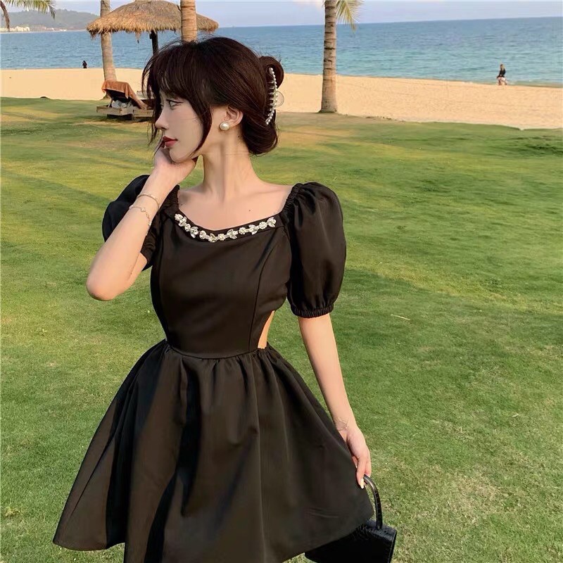 Váy xoè cổ vuông tay bồng khoét eo sexy ❤️ Váy xoè ulzzang sang chảnh ❤️ Kèm ảnh thật khách mặc xinh như mẫu