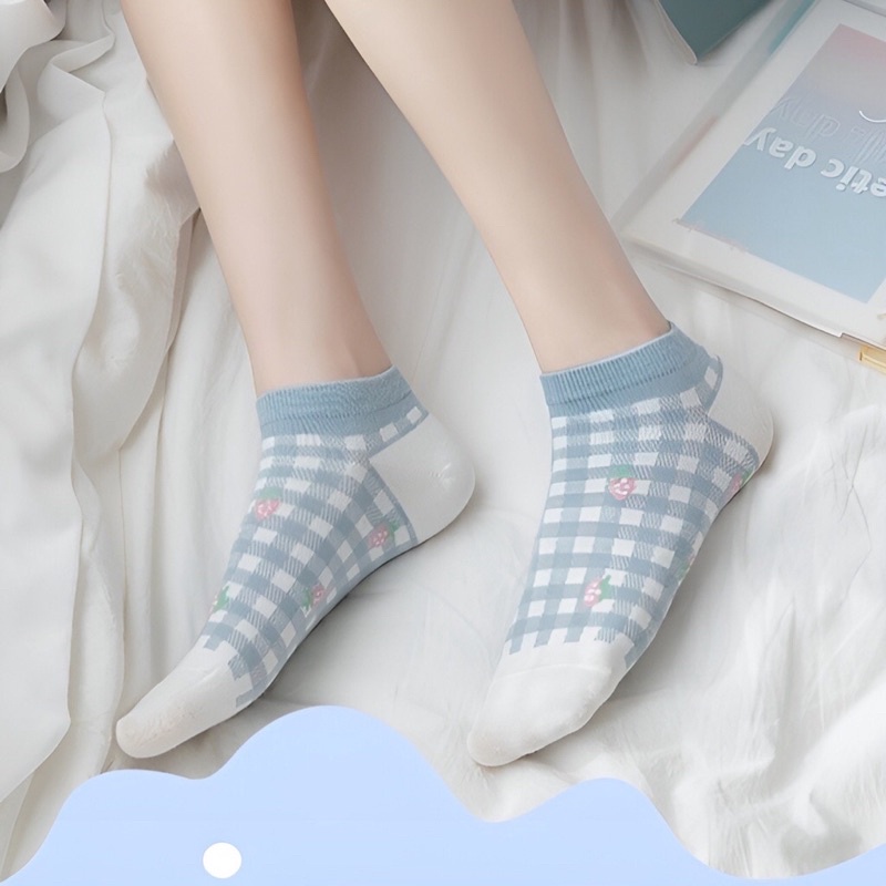 Set 5 đôi tất dâu xanh nữ,  vớ trắng xanh cotton thấm hút tốt