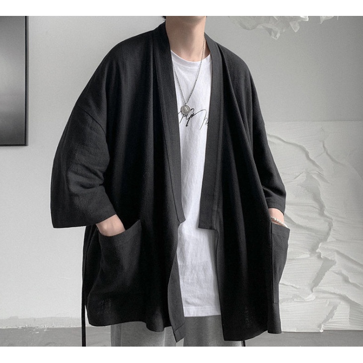 Áo khoác kimono haori trơn cách tân buộc dây