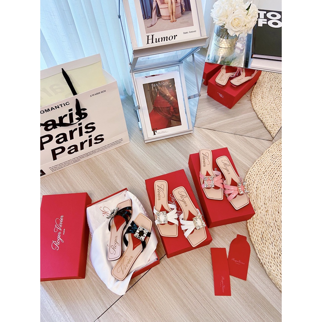 Dép thời trang quai ngang nữ cao cấp da thật Roger Vivier kiểu dáng nữ tính, ngọt ngào