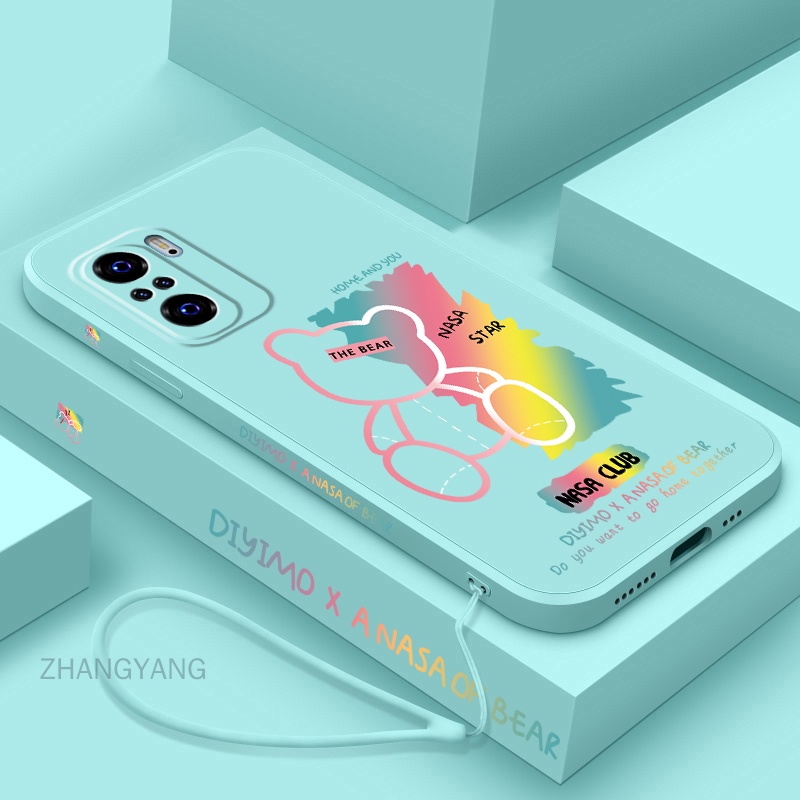 Ốp Điện Thoại TPU Silicon Viền Thẳng Họa Tiết Gấu Kèm Dây Đeo Cho Redmi note 10 pro note 10