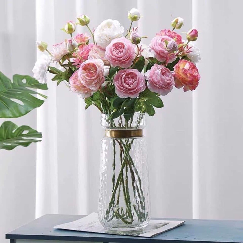 Hoa giả /Hoa lụa - Cành hoa hồng mẫu đơn 2 bông 1 nụ loại đẹp