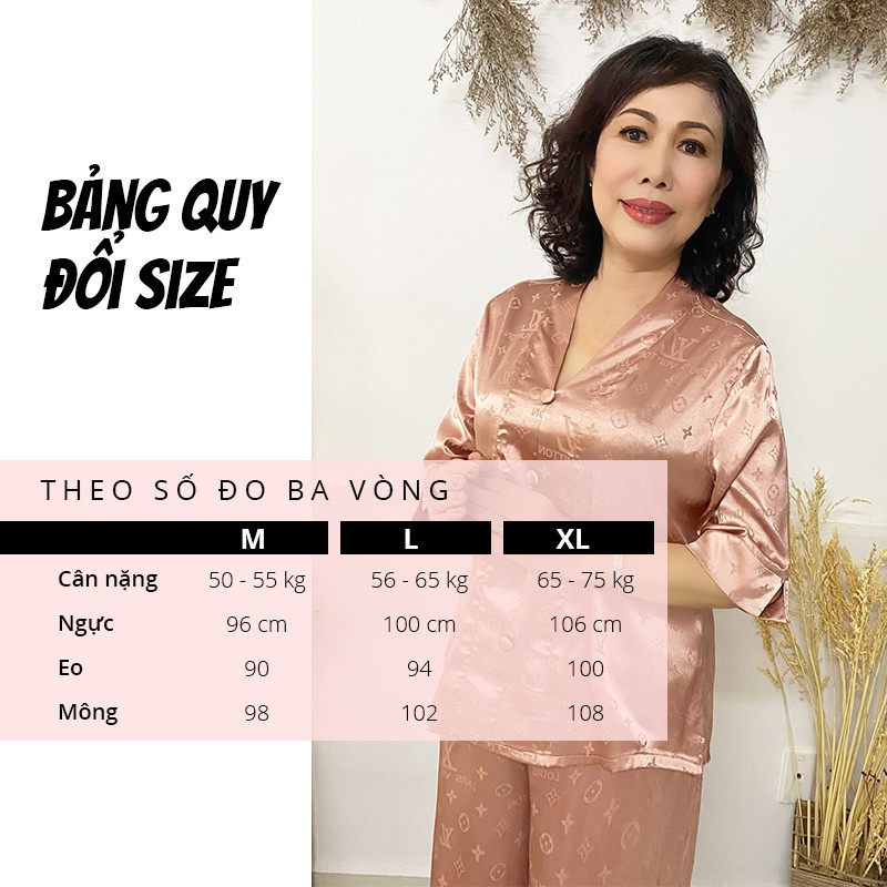 Bộ mặc nhà trung niên SBORG đồ bộ lụa satin phối gấm cổ chui tay lửng quần ống rộng có túi 50-75 kg quà tặng mẹ đi chùa