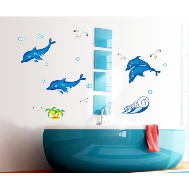 Decal trang trí bốn chú cá heo- DẠ QUANG