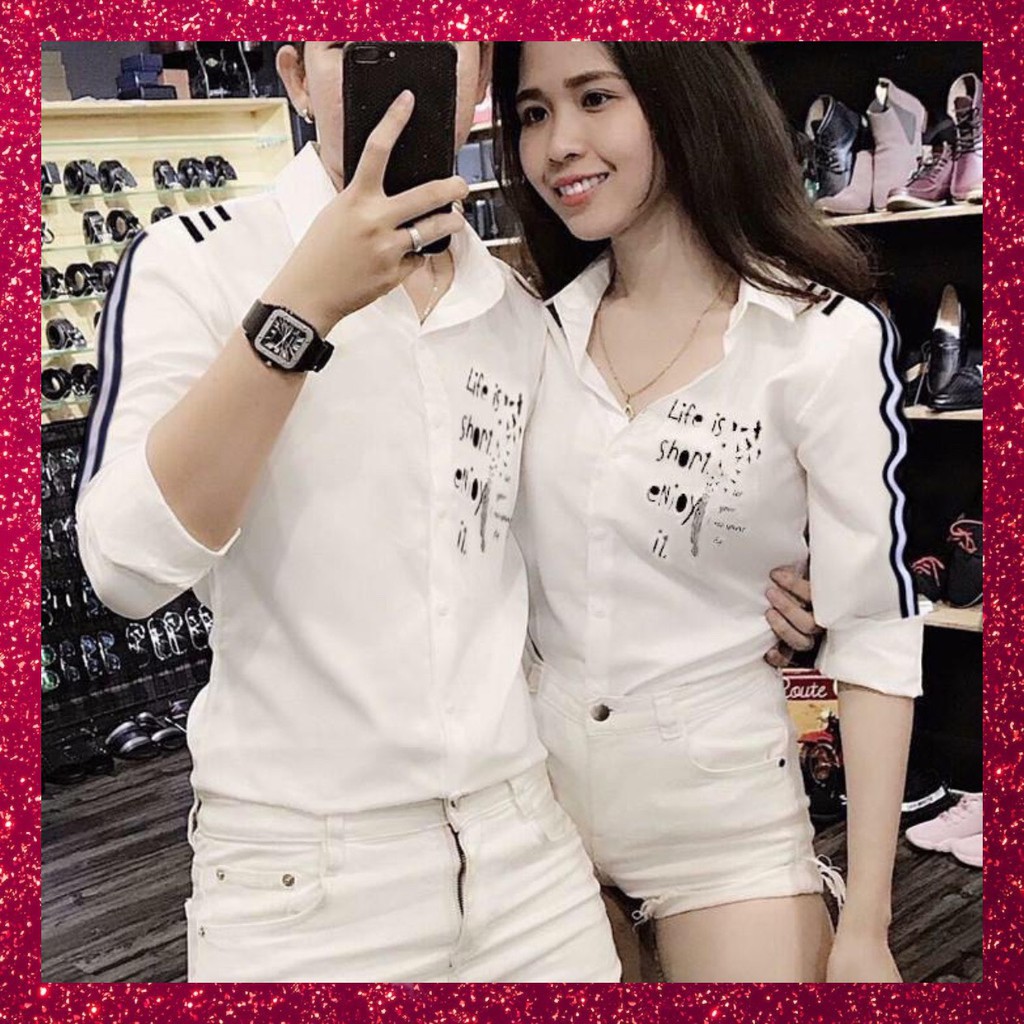 ÁO SƠ MI CẶP, ÁO SƠ MI ĐÔI NAM NỮ IN THÊU CHẠY DÂY TAY TRẮNG ĐEN VẢI KATE LỤA KHÔNG NHĂN ĐI LÀM ĐI CHƠI