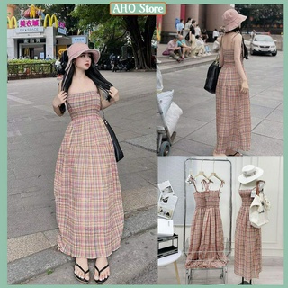 Váy 2 dây nữ kẻ caro dáng dài 2 lớp chun ngực đầm 2 dây buộc nơ vai chun ngực chân váy dáng xoè freesize