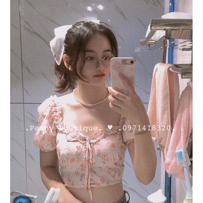 Áo croptop cổ vuông hoa nhí tông cam đào , style ulzzang Hàn Quốc 🌻 Panny Boutique 🌻