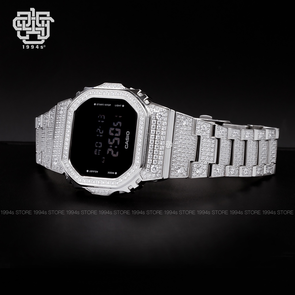 Đồng hồ nam Casio G-Shock DW-5600 custom dây & vỏ thép đính đá, chống va đập, hàng chính hãng