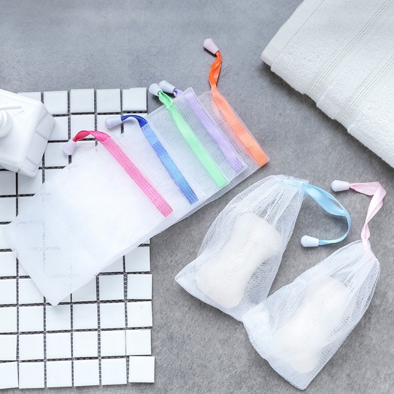 Combo 10 túi lưới đựng xà bông tạo bọt tiện lợi, 2 lớp, có dây rút nhiều màu