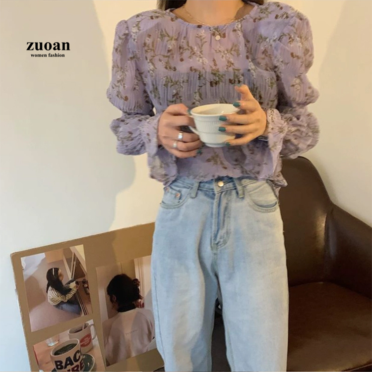 SUXI Áo Chiffon Dáng Rộng Họa Tiết Hoa Tím Phong Cách Hàn Quốc Cho Nữ