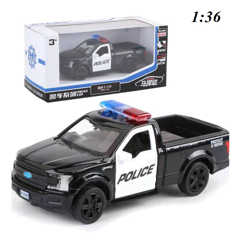 Đồ chơi xe ô tô cảnh sát mini mô hình xe bán tải Ford F150 tỉ lệ 1:36 bằng kim loại chạy bằng cót