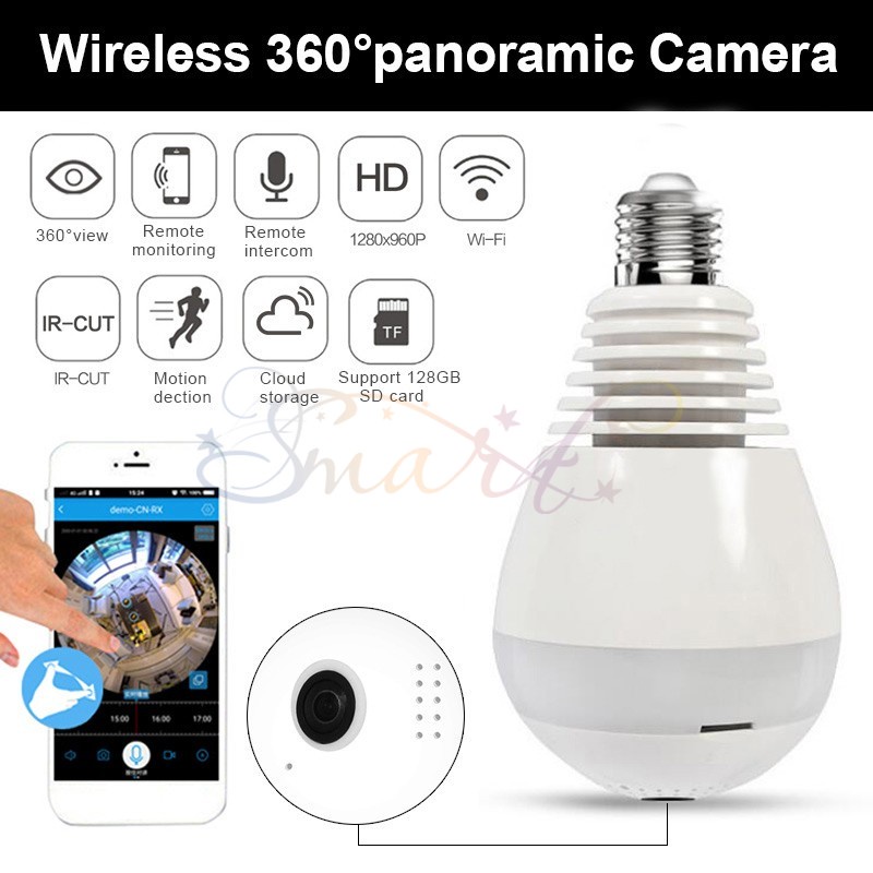 Thiết bị theo dõi mạng WIFI thông minh không dây E27 E17 V380 1080P HD 360 độ° Camera mắt cá