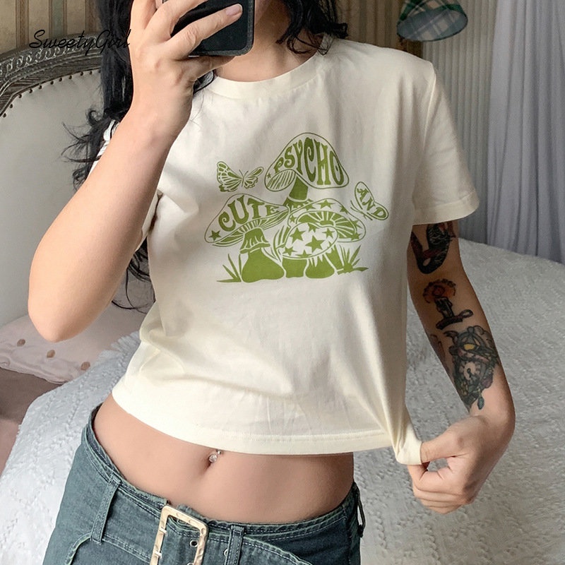 Áo Thun Tay Ngắn Cổ Tròn In Chữ Và Bướm Phối Màu Tương Phản Thời Trang 2022 Quyến Rũ Cho Nữ