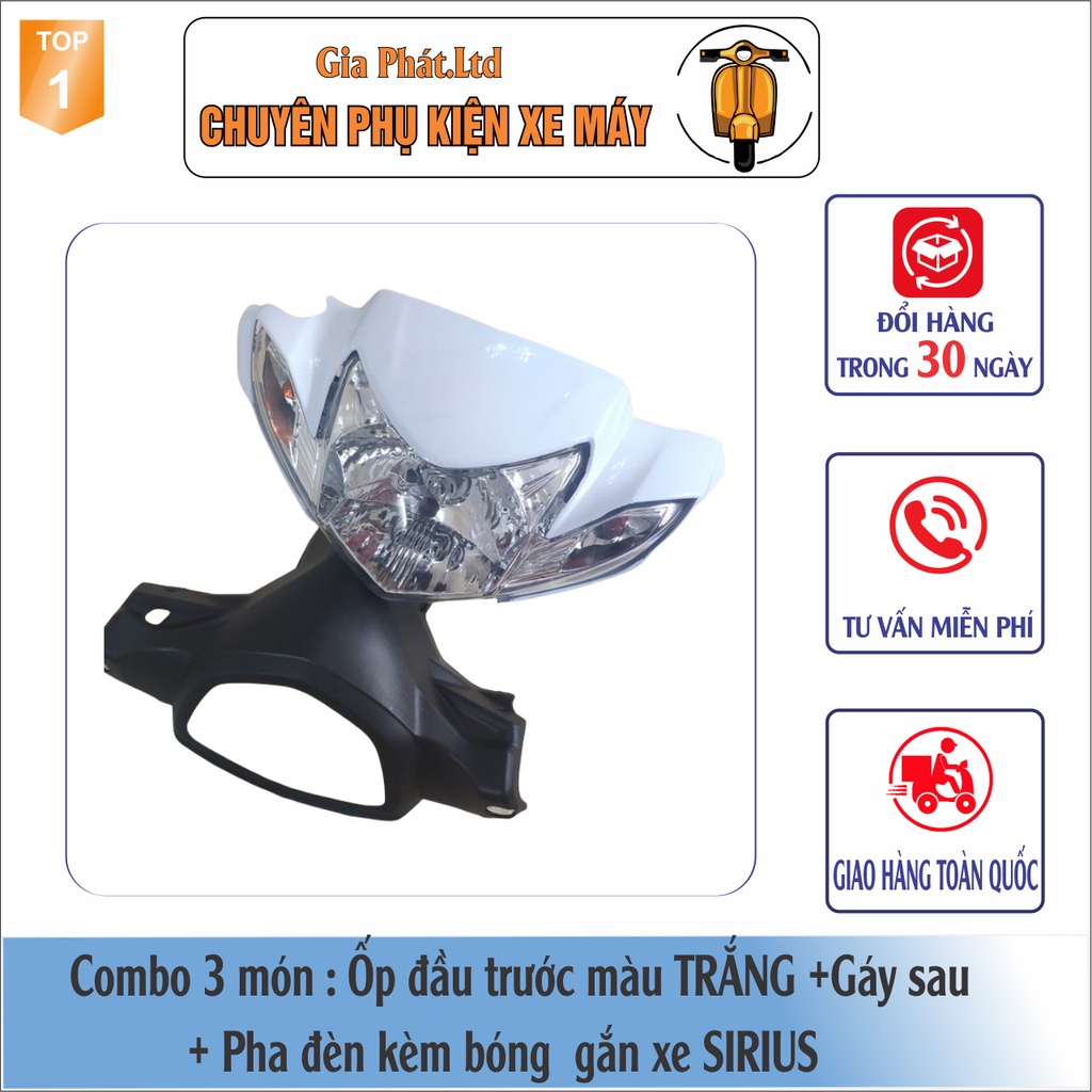 Bộ ốp đầu màu TRẮNG gắn xe SIRIUS đầy đủ Ốp đầu trước, Gáy sau và Pha đèn kèm bóng