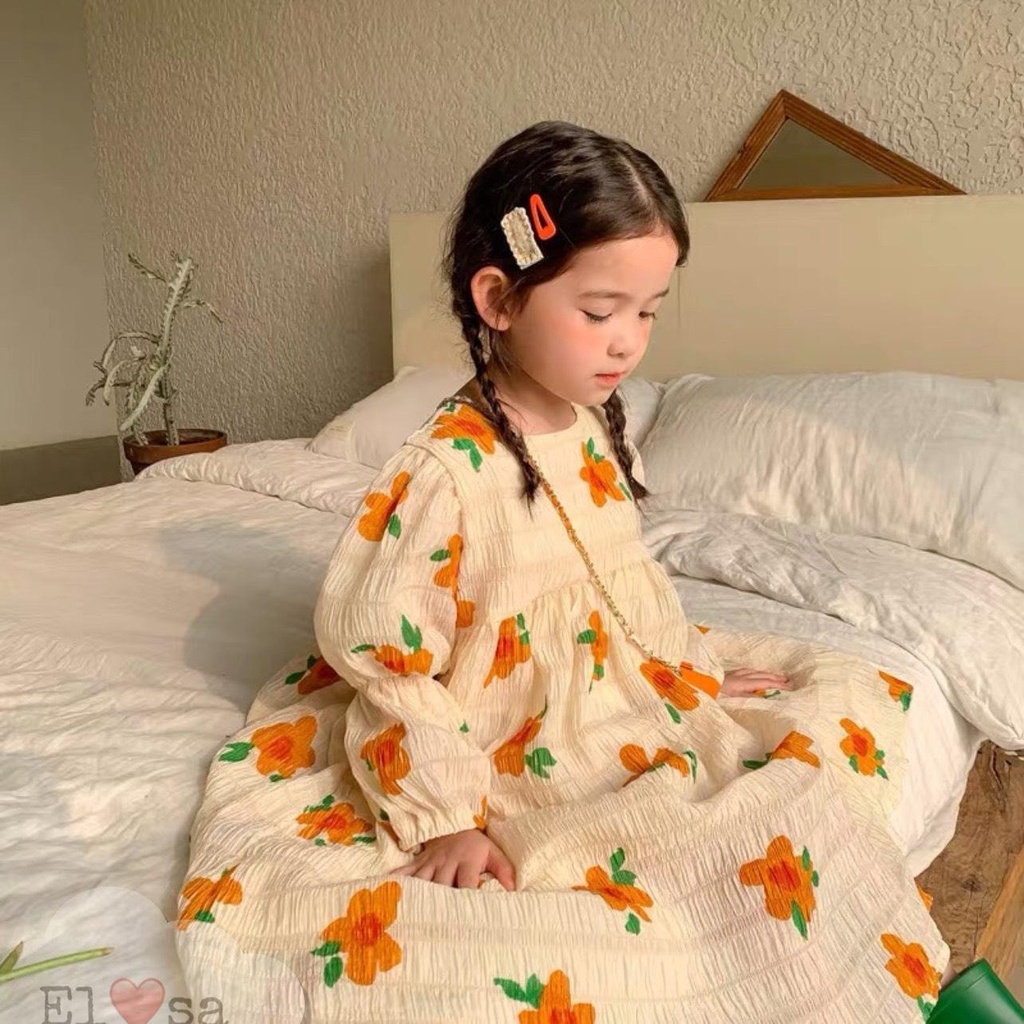 Váy Hoa Cam Dài Tay Thô Đũi Bánh Bèo Siêu Xinh Cho Bé Gái 9-25kg