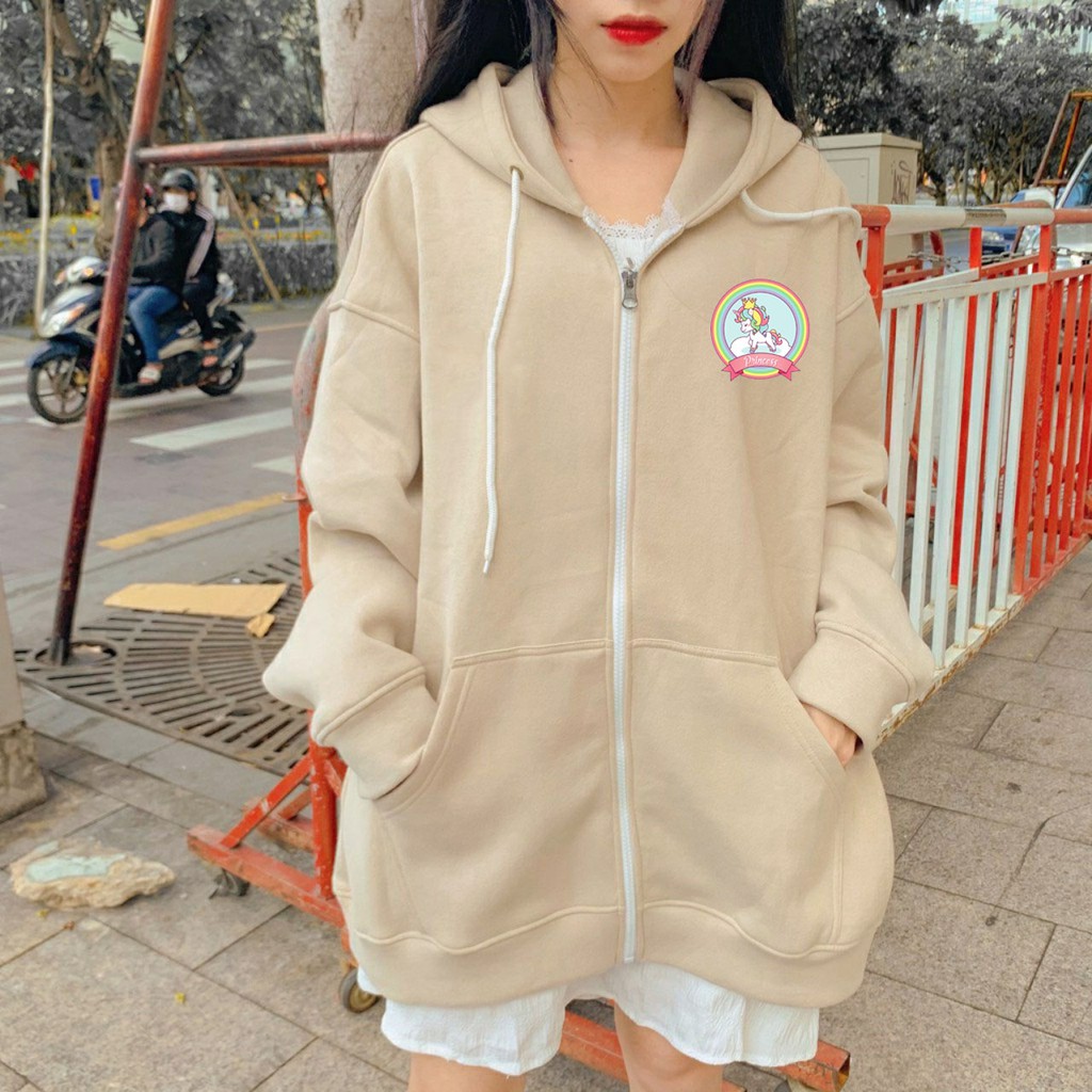 Áo Khoác Khóa Nỉ Nữ Kiểu Dáng Hoodie Mũ Túi Bo Tay Gấu In Logo Công Chúa Ngựa Uni Mặc Đi Chơi Đi Học