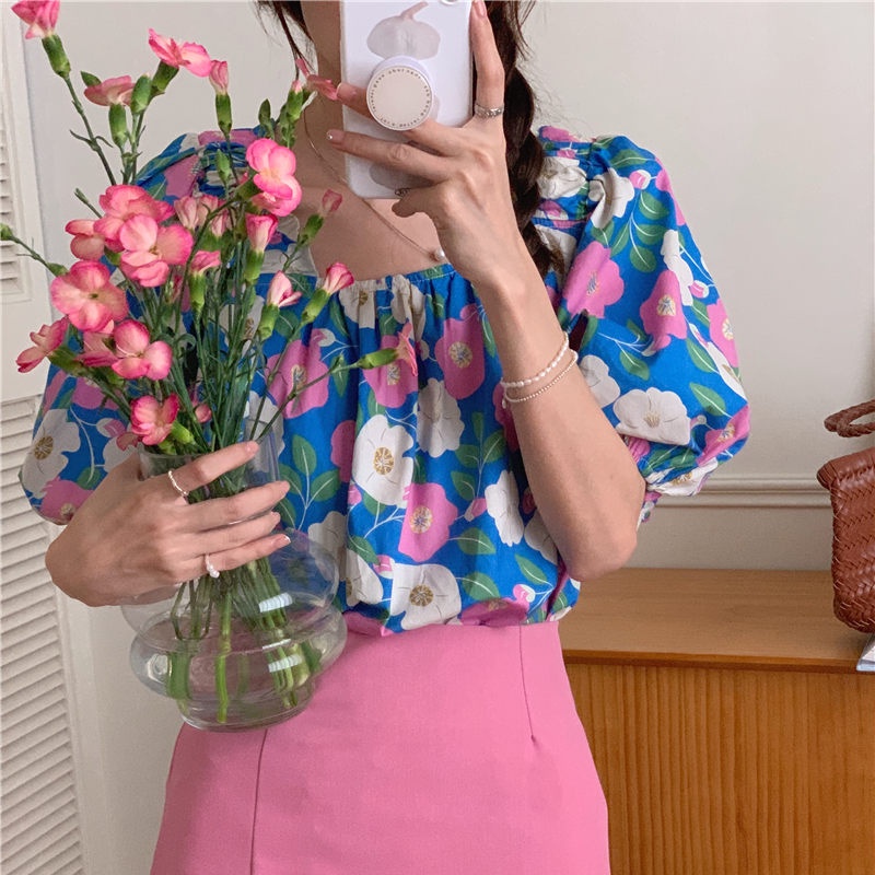 SUXI Áo Kiểu Cổ Vuông Tay Ngắn Dáng Rộng In Họa Tiết Hoa Phong Cách Hàn Quốc Xinh Xắn