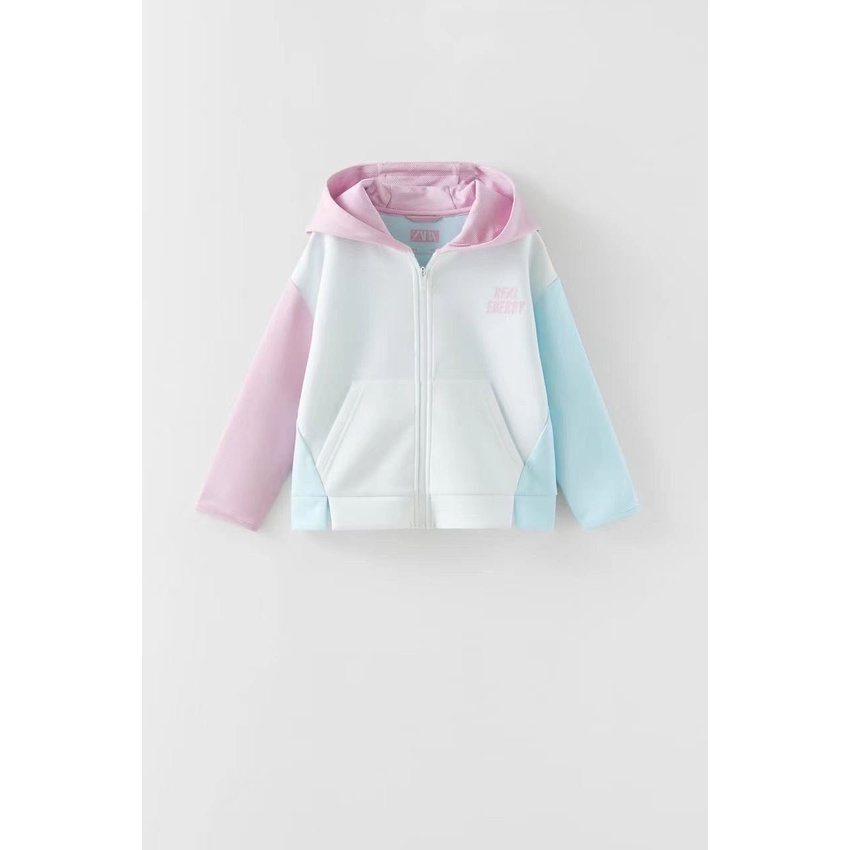 Áo khoác nỉ Zara màu trắng phối tay xanh hồng Real Eneroy BG 6 - 14y