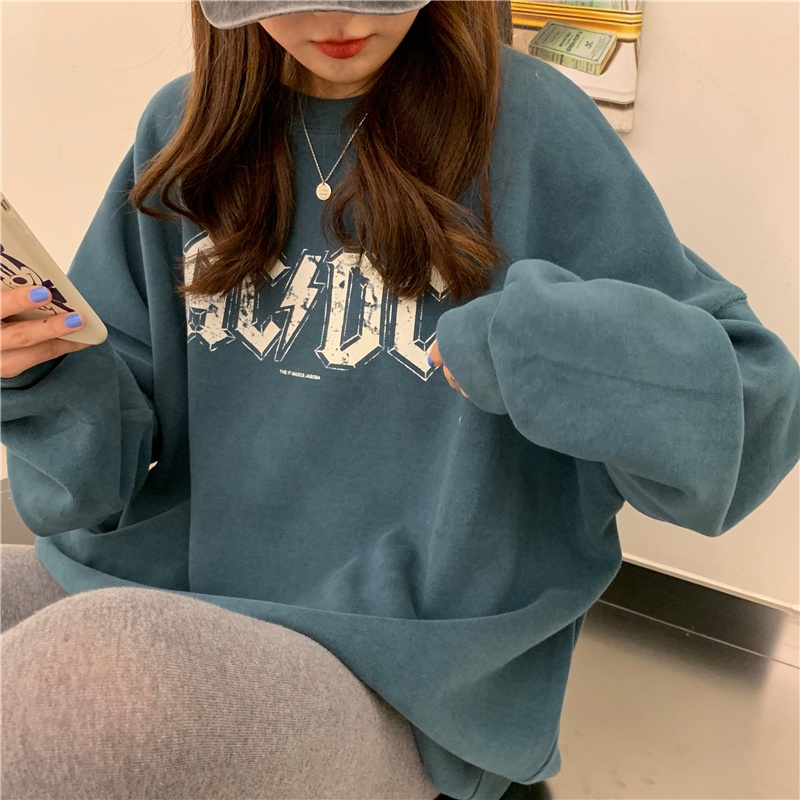 Áo sweater tay dài cổ tròn dáng rộng in chữ kiểu Hàn Quốc dễ phối đồ
 | BigBuy360 - bigbuy360.vn