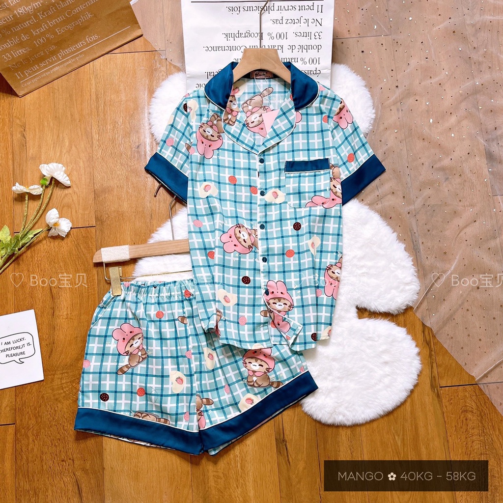 ĐỒ BỘ LỤA MANGO BOO BOO MẪU CARO HOẠT HÌNH DỄ THƯƠNG