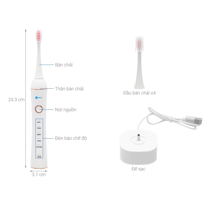 Bàn Chải Đánh Răng Điện Sóng Âm Kachi Sonic MK309 loại bỏ mảng bám, cao răng, hạn chế viêm nướu