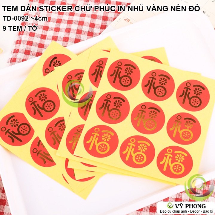 TEM DÁN STICKER NHÃN DÁN CHỮ PHÚC NỀN ĐỎ CHỮ NHŨ VÀNG TRANG TRÍ NIÊM PHONG BAO BÌ HỘP QUÀ TẶNG TẾT XUÂN TD-0092