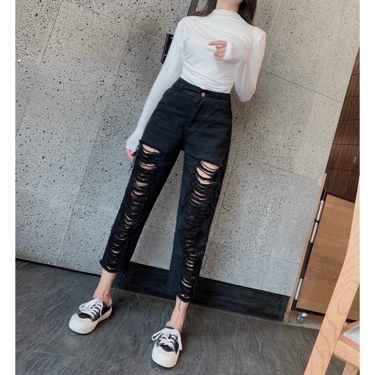 Quần baggy bò rách đen trắng, Quần jean cạp cao QS6363 - NhiNhi Shop