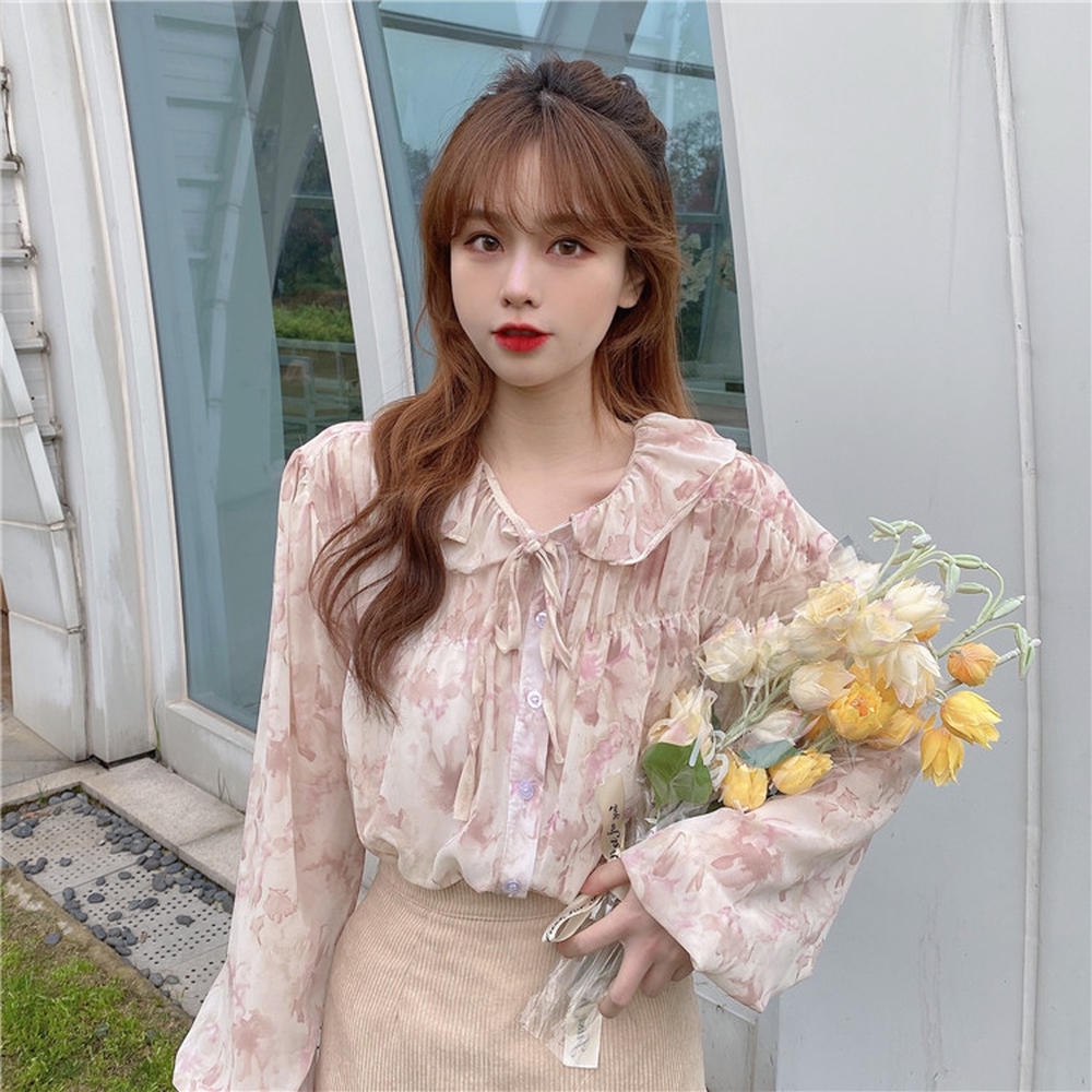 Áo Sơ Mi Tay Dài Cổ Buộc Dây Họa Tiết Hoa Ngọt Ngào Dành Cho Nữ 50180