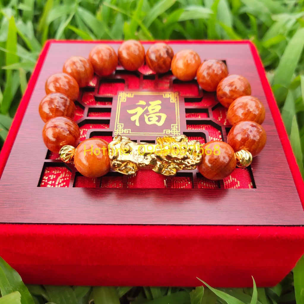 ◄❐Vòng trầm hương - Huyết Long Tỳ Hưu, Hạt charm mạ vàng thơm tự nhiên