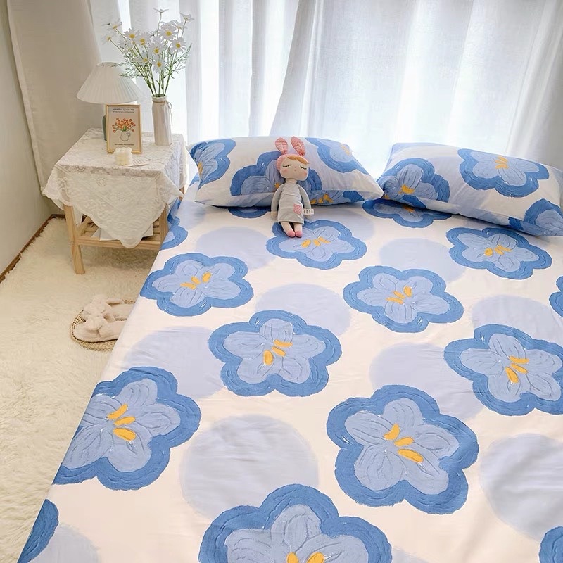 Bộ Ga Gối 3 Món Cotton 100% - Hoa Xanh Biển