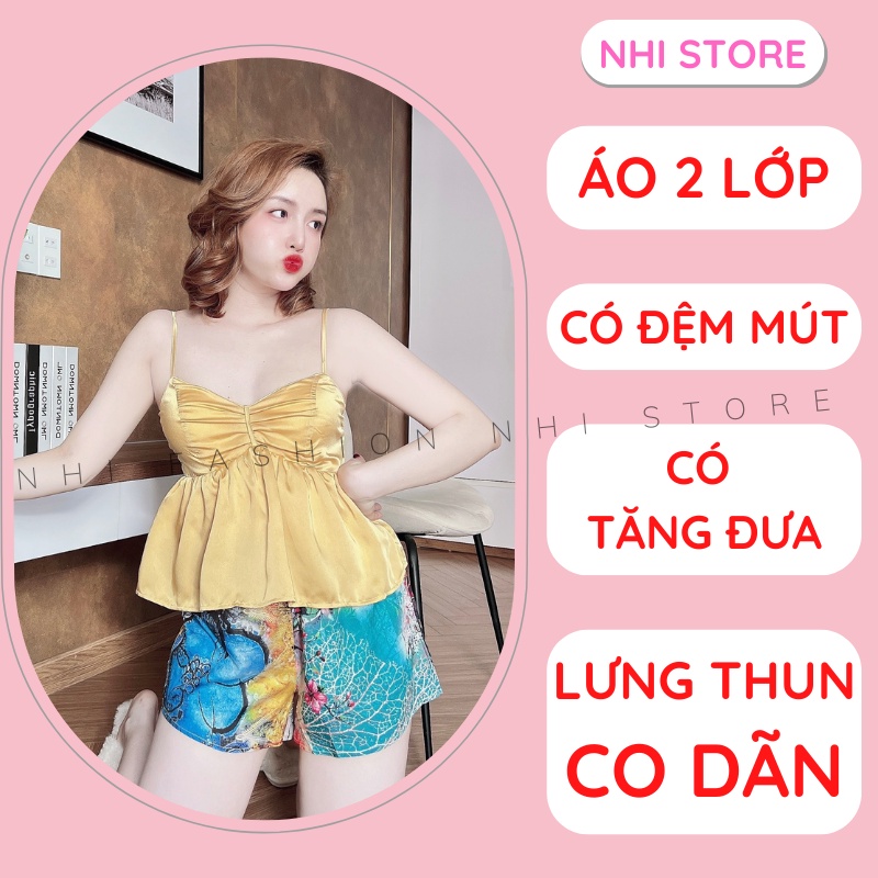 Đồ Bộ Mặc Nhà Nhistore Sét Bộ Áo 2 Dây Cúp Ngực Quần Ngắn Lụa Cao Cấp Phối Ren Freesize Dưới 57kg