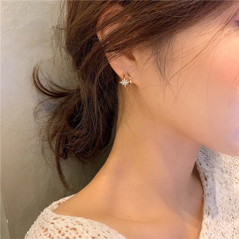 Khuyên Tai Hai Lớp Đính Đá Hình Ngôi Sao Tám Lá Thời Trang Hàn Quốc Cá Tính Dành Cho Bạn Nữ