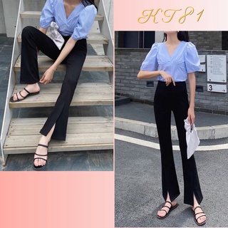 Quần ống loe xẻ gấu trước, quần tây suông ống vẩy xẻ tà li giữa cao cấp màu đen cho nữ KT81