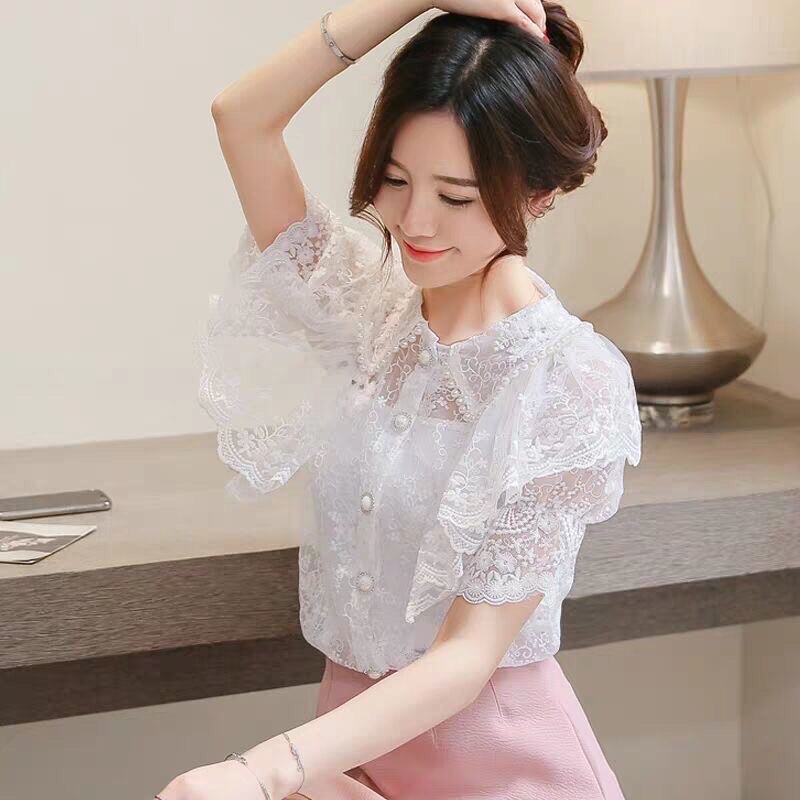 Áo Sơ mi nữ ngắn tay viền ren kiểu dáng hàn quốc mã QD06
