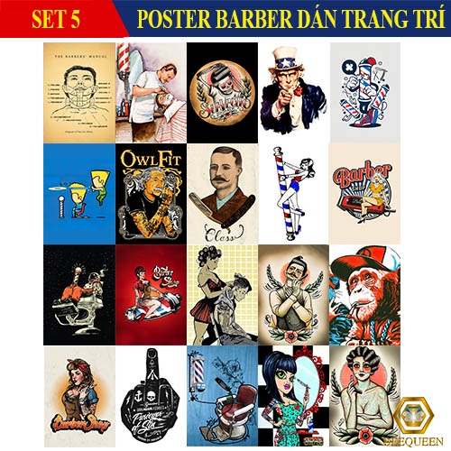 Combo 20 Sticker - Poster Decal Dán Tường Trang Trí Barber Shop - Tiệm Tóc Siêu Dính