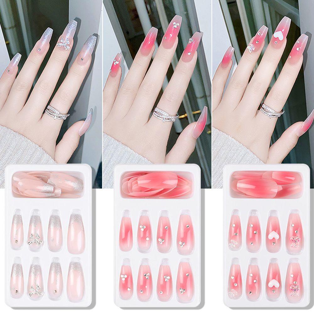 Bộ Móng Tay Giả Ngắn Thiết Kế Ngọt Ngào Thời Trang|Móng Tay Giả Che Phủ Toàn Diện Đính Nơ Xinh Xắn