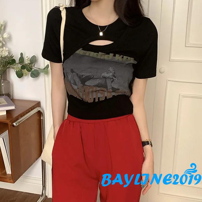 Áo Thun Lửng Tay Ngắn Cổ Tròn In Họa Tiết Chữ Cá Tính Dành Cho Nữ