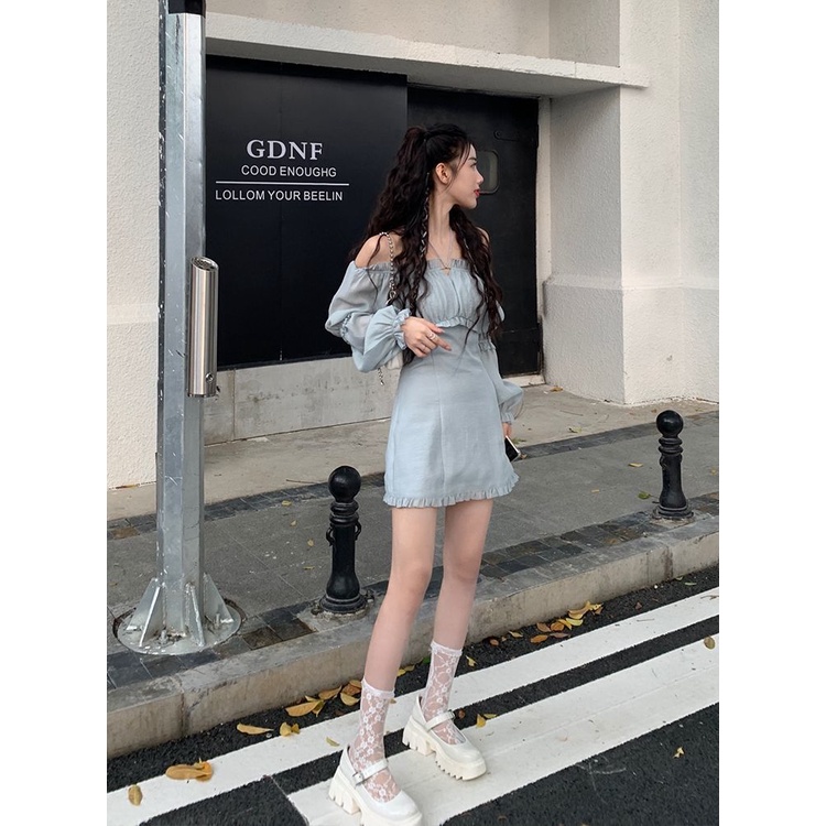 Đầm Trễ Vai Tay Phồng Ôm Dáng Thời Trang Mùa Thu Phong Cách Pháp Mới Cho Nữ