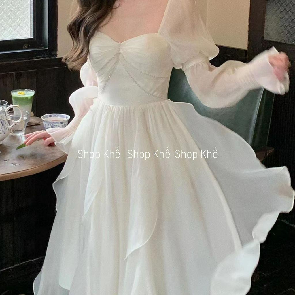 Đầm maxi voan trắng tay dài, đính đá quý phái, sang trọng, thích hợp đi tiệc, đi chơi biển