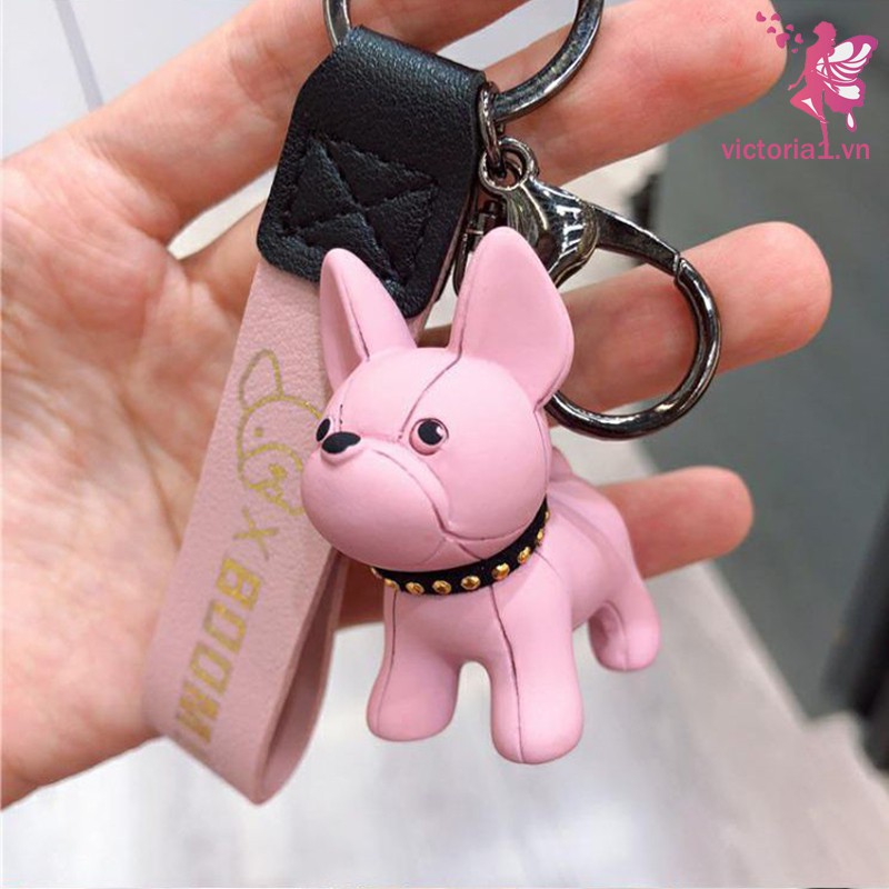 French Bulldog Keychain Fashion Punk Pu Leather Strap Dog Keychains for Women Bag Pendant Jewelry Trinket Men's Car Key