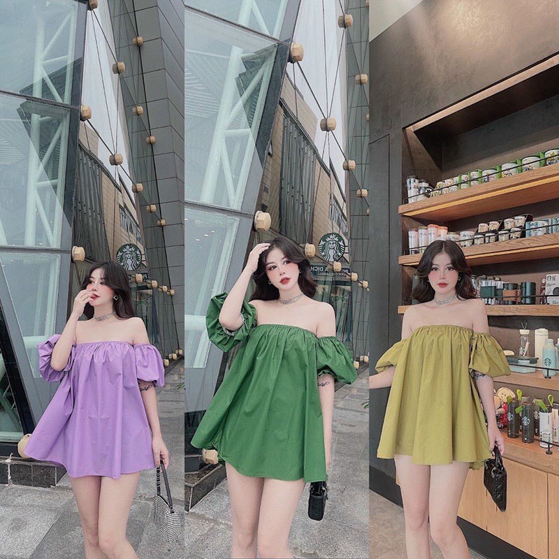 áo kiểu bệt vai tay ngắn bồng fom dài