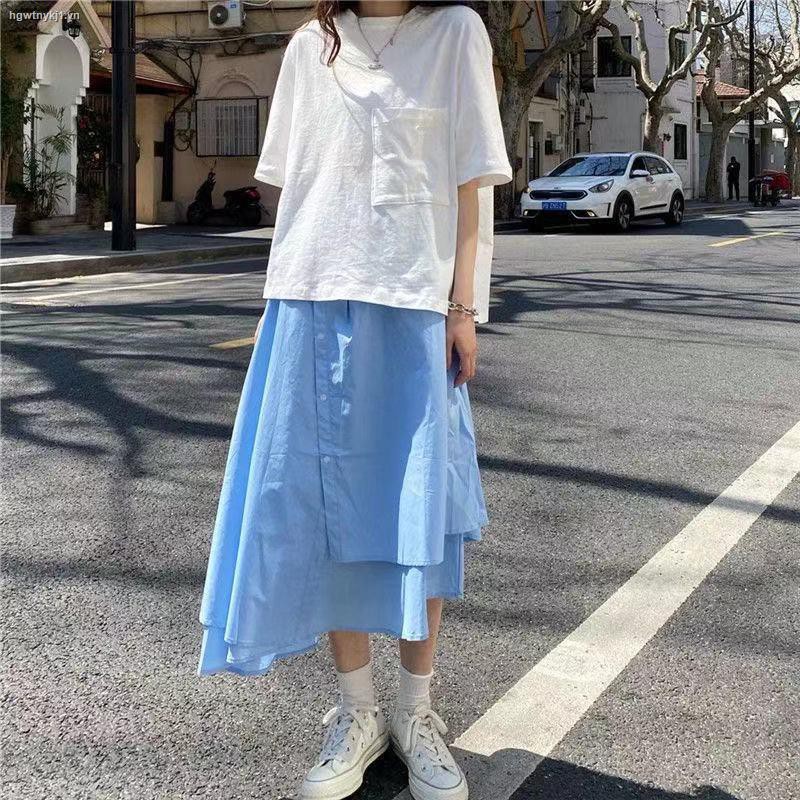Set Áo Sơ Mi Ngắn Tay Giả Hai Lớp + Chân Váy Dài Phong Cách Nhật Bản Cho Nữ