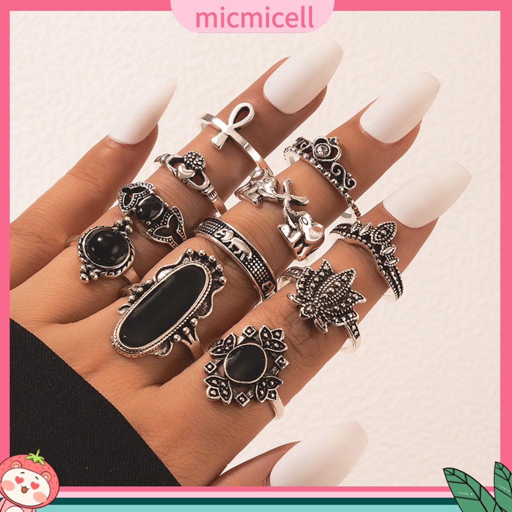 Set nhẫn hợp kim đính đá đen hình trái tim và động vật phong cách Boho ấn tượng