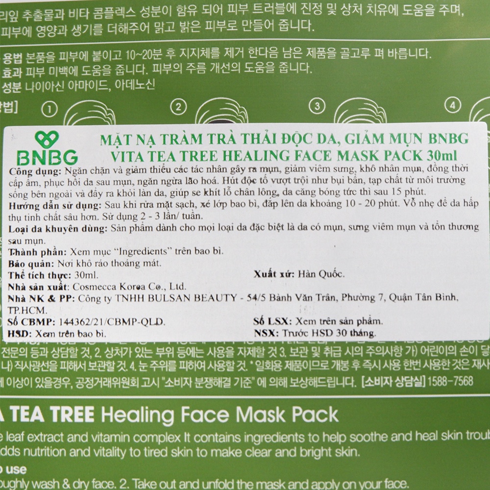 Combo 10 Mặt nạ tràm trà BNBG thải độc da, giảm mụn Vita Teatree Healing Face Mask Pack 30ml NPP Shoptido