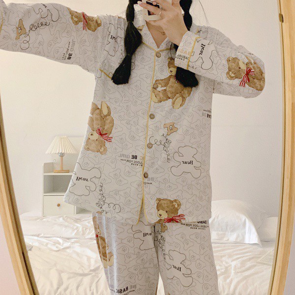 Bộ ngủ Pijama In Hình Gấu Kute Chất Cotton Ulzzang style Hàng Quảng Châu